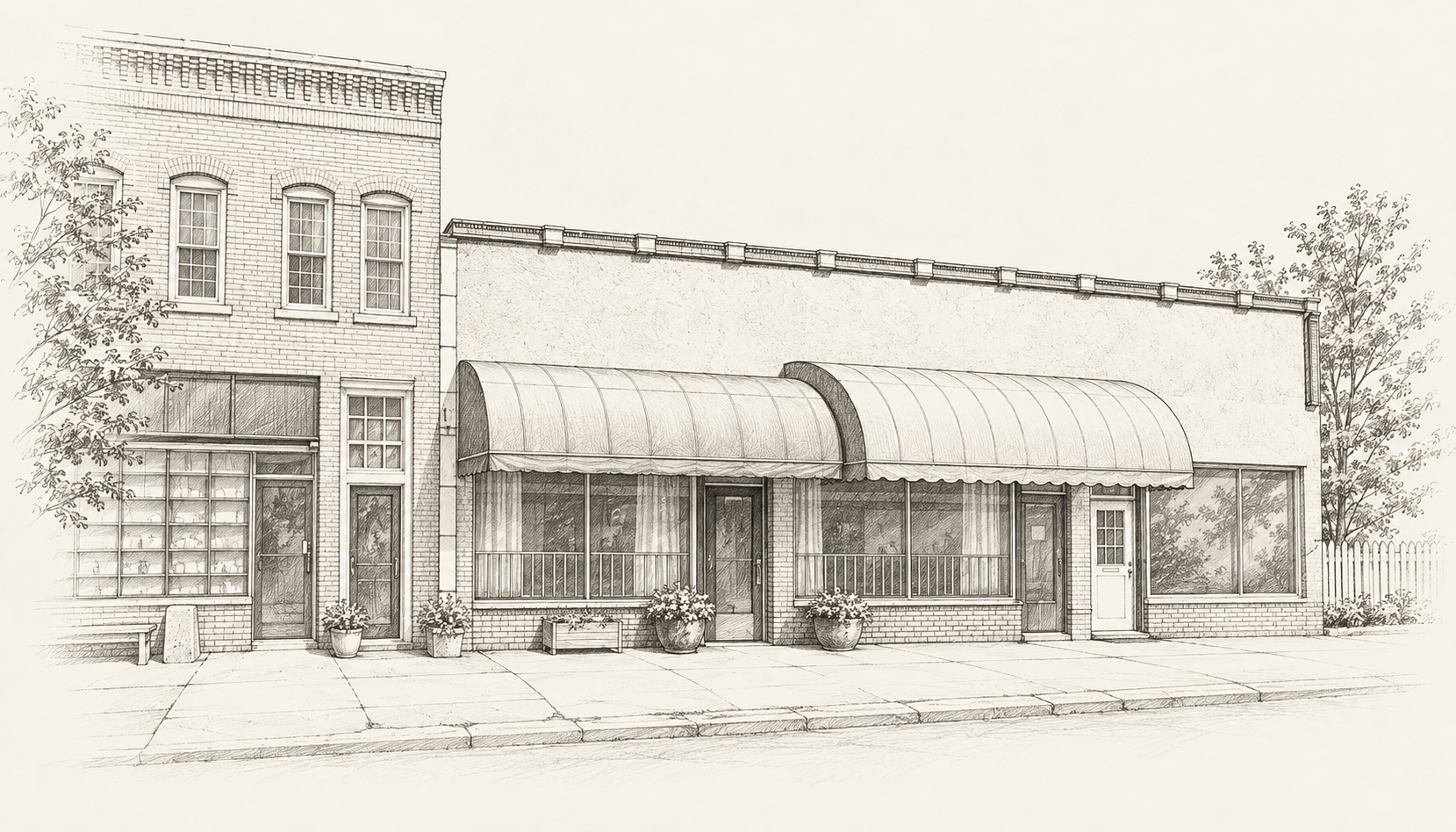 Line drawing of our new storefront across the street, with its two curved entrance awnings.